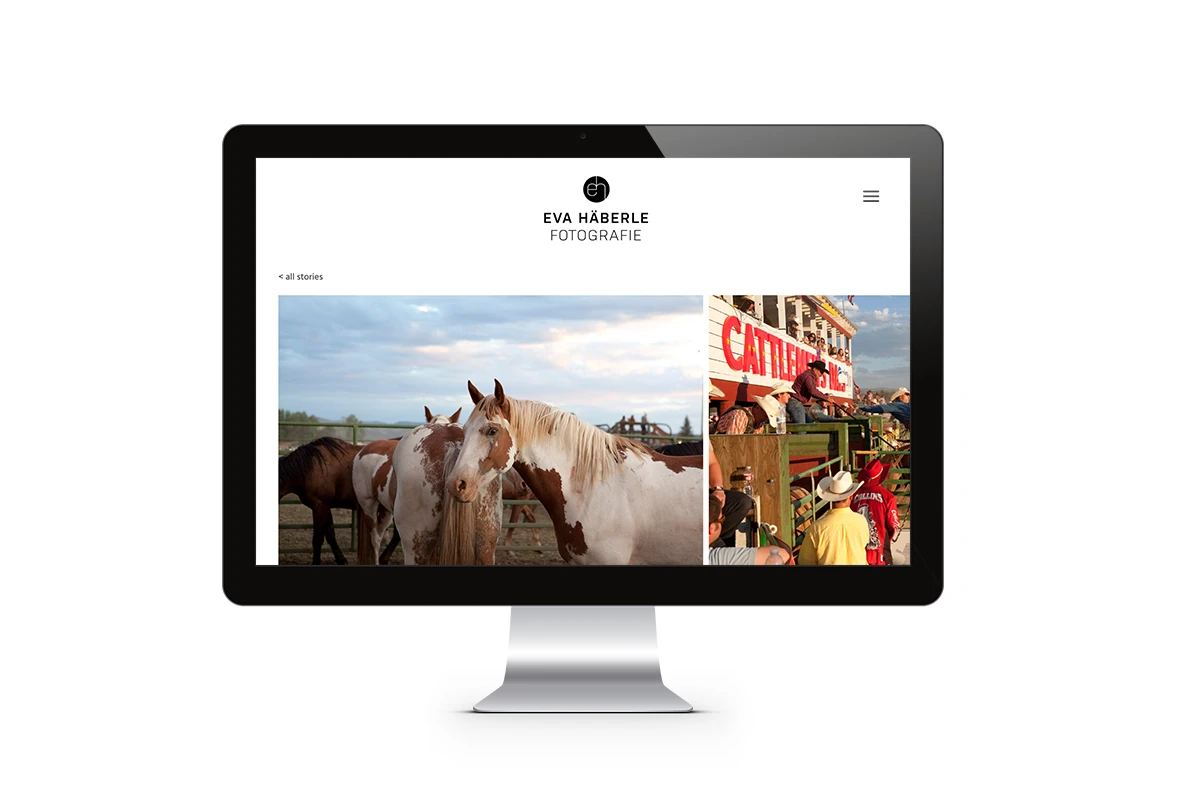 Desktopansicht der Webseite der Fotografin Eva Häberle, zwei Bilder zum Thema Rodeoreiten