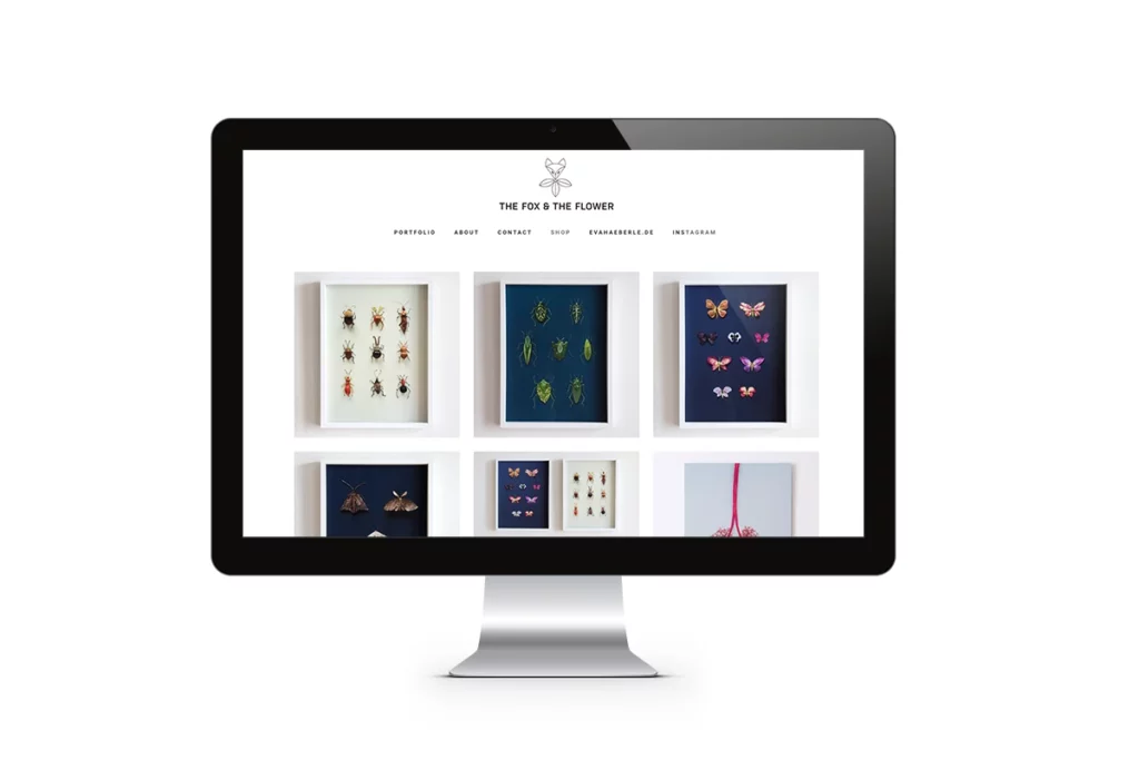 Desktopansicht der Webseite der Fotografin und Illustratorin Eva Häberle Motiven von Käfern und Schmetterlingen, die aus pflanzlichen Bestandteilen bestehen