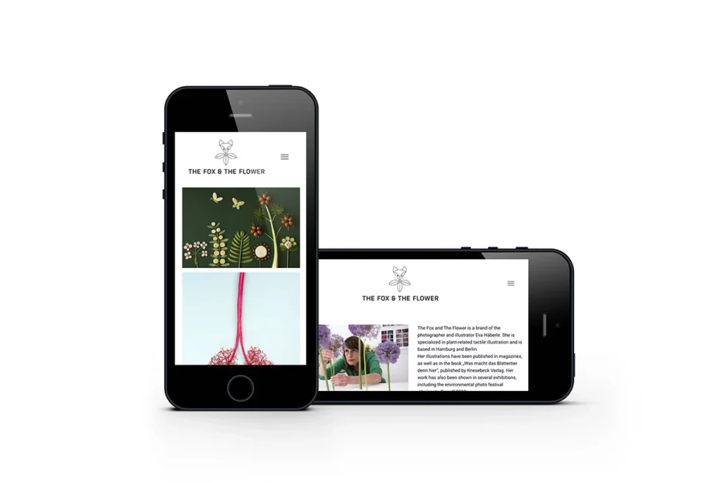 Mobile Ansicht der Webseite der Fotografin und Illustratorin Eva Häberle mit Motiven, die Tiere darstellen, aber mit Materialien aus der Natur zusammen gesetzt sind