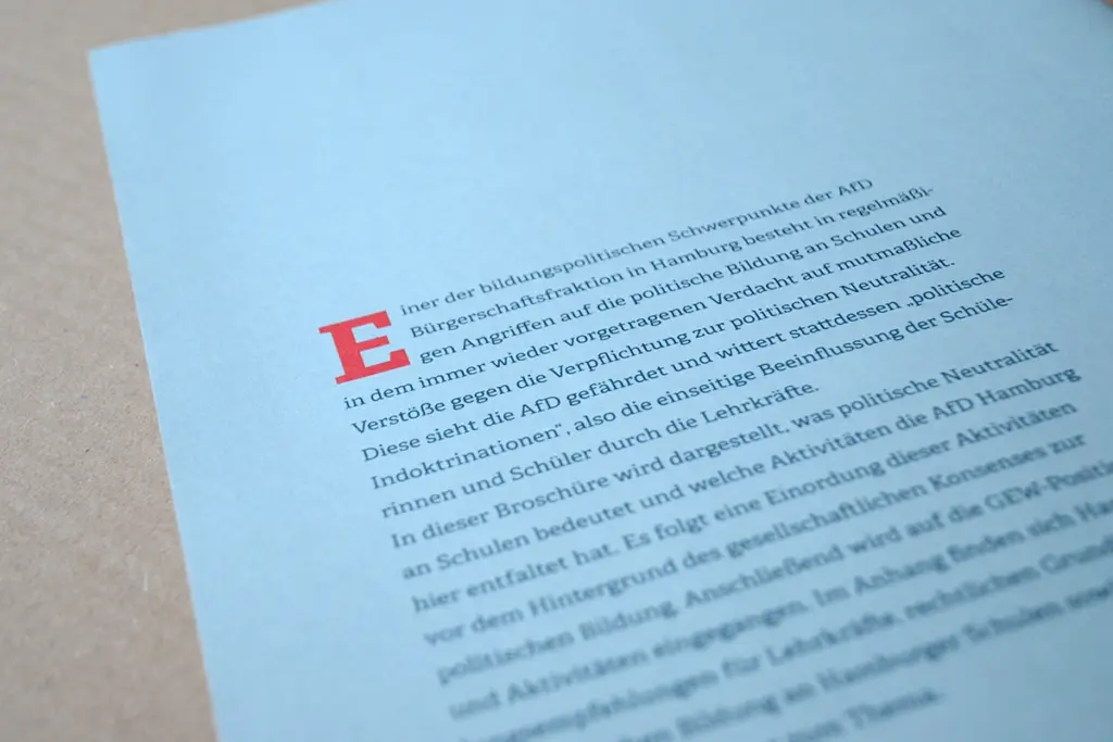 Detail der DIN A4 Broschüre Rückseite mit etwas Text und der Initiale E in rot