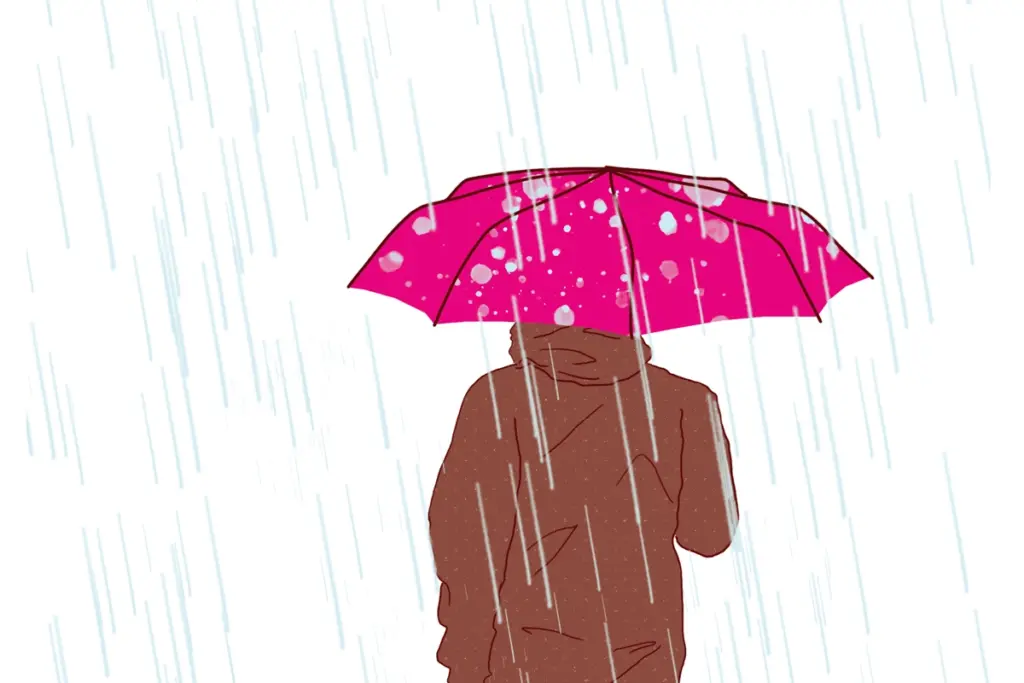 Illustration einer Person von hinten im Regen mit braunem Mantel unter einem pinken Regenschirm