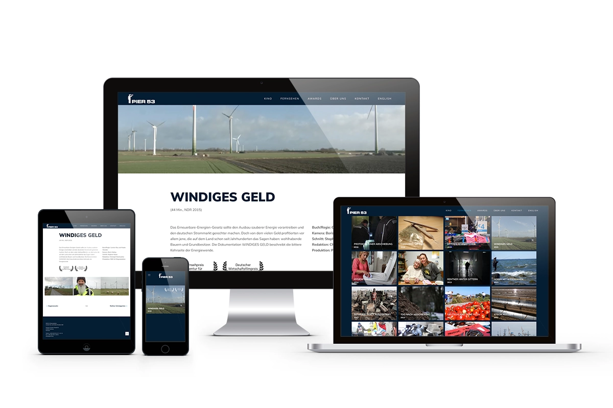 Desktop-, Tablet-, Laptop- und Handyansicht der Webseite der Filmproduktionsfirma Pier53