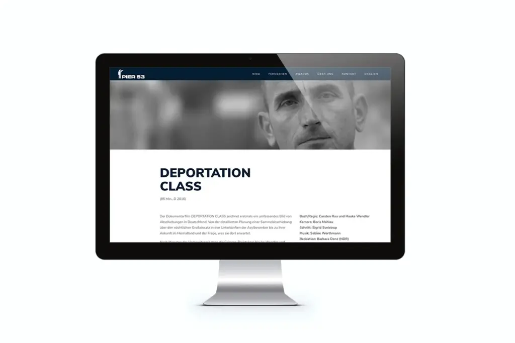 Desktopansicht der Webseite der Filmproduktionsfirma Pier53 mit einer Unterseite des Films Deportation Class