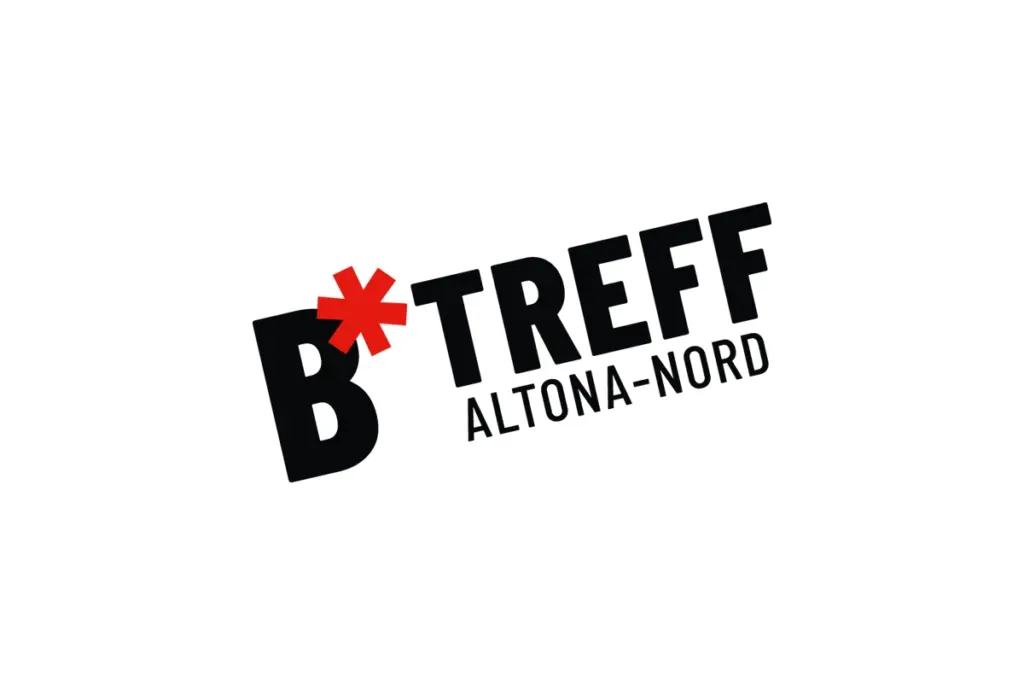 Logo von B-Treff Altona Nord mit schwarzer Schrift und rotem Sternchen