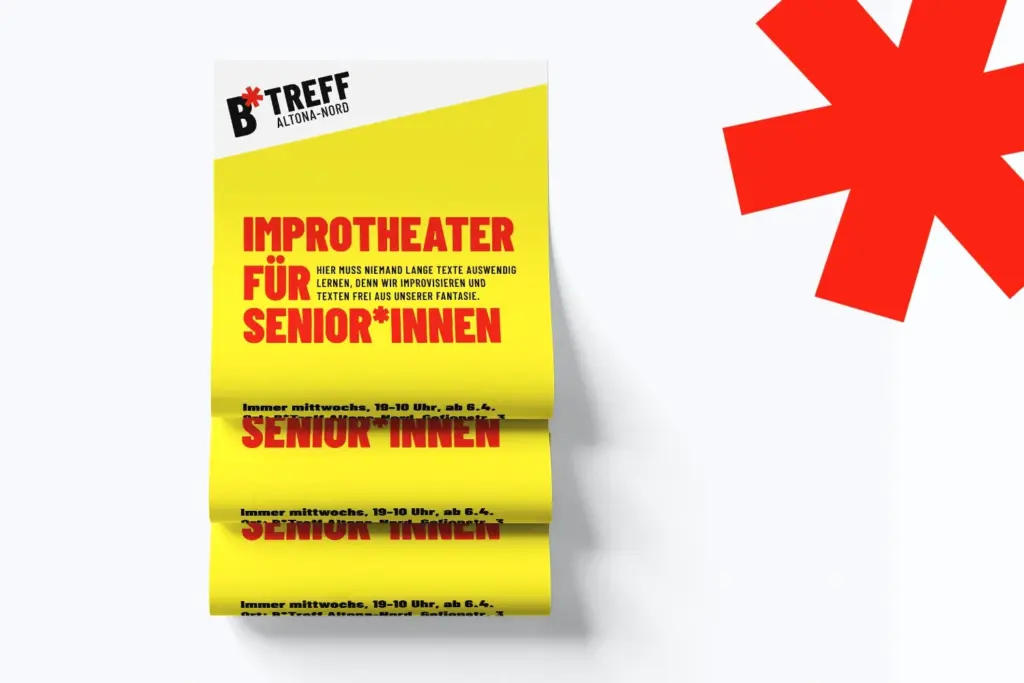 Gelbes Plakat mit roter und schwarzer Schrift: Improtheater für Seniorinnen, Veranstaltung im BTreff Altona-Nord