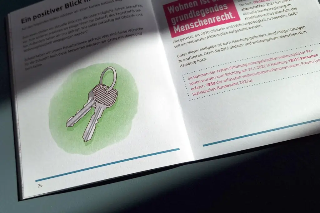 Eine aufgeschlagene Broschüre. Links ist eine Illustration von zwei Schlüsseln auf einem grünen Hintergrund zu sehen. Rechts steht der Text: „Wohnen ist ein grundlegendes Menschenrecht.“